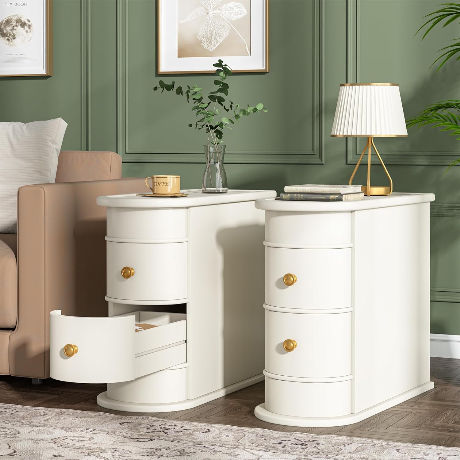 Off-White Round Wood Nightstand with Gold Handles and Storage
