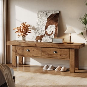 Finmind Solid Entryway Bench with 2 Drawers, 55" Farmhouse Long Entryway Bench Seat for Indoor, End of Bed, Living Room