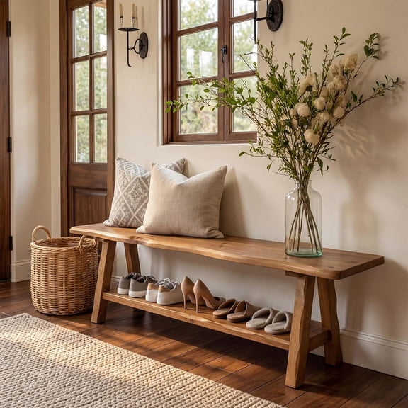 Tribesigns Solid Wood Bench, 55" Farmhouse Entryway Bench with Live-Edge, Long End of Bed Bench, Shoe Bench for Entrance, Bedroom, Easy Assembly, Brown
