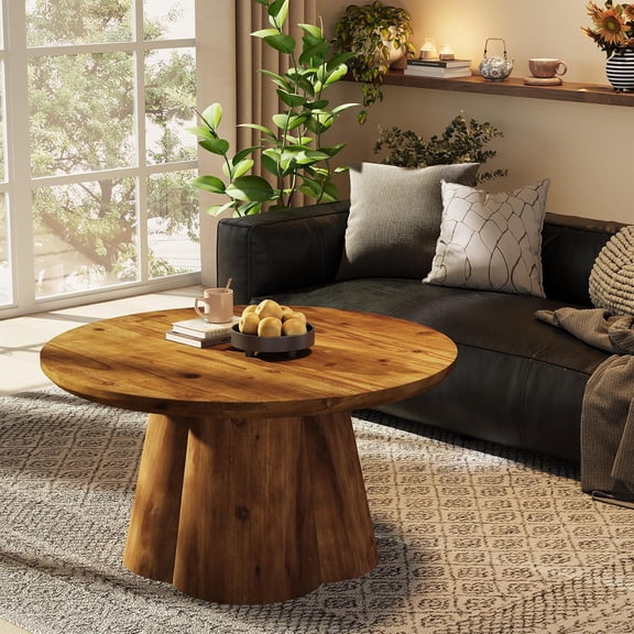Tribesigns Solid Wood Coffee Table, 31.5-Inch Round Table, Living Room, Apartment, Natural Brown