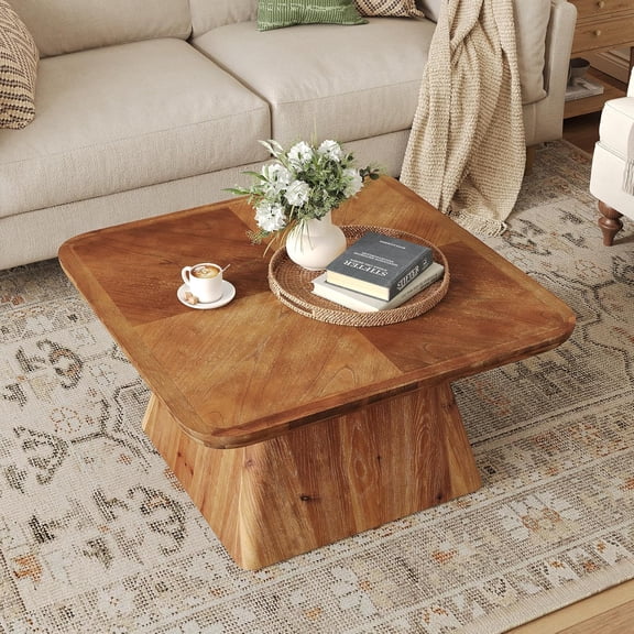 Tribesigns Solid Wood Coffee Table, 31.5" Square Coffee Table for Living Room, Brown Modern Design Home Furniture