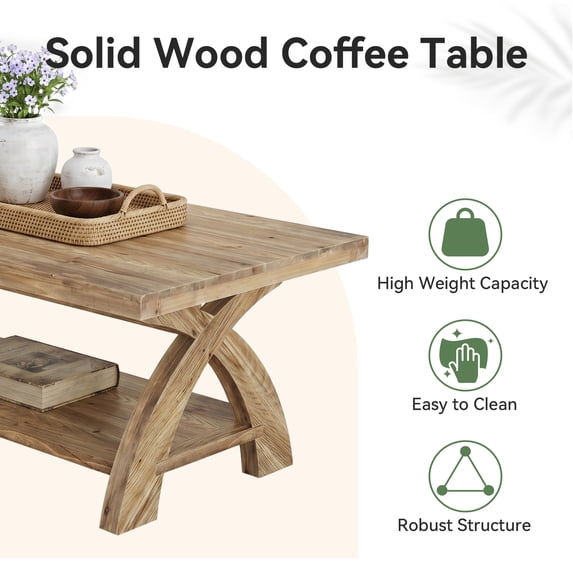 Tribesigns Solid Wood Coffee Table with Storage Shelf, Farmhouse Rectangular Center Table with X-Shaped Legs, Industrial Accent Cocktail Tables for Living Room