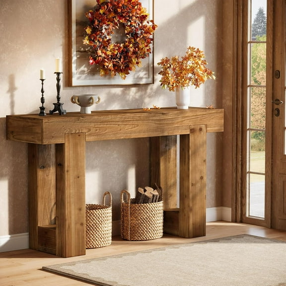 Tribesigns Solid Wood Console Table, 55-Inch Farmhouse Sofa Table Behind The Couch with Double Base for Entrance, Hallway, Foyer
