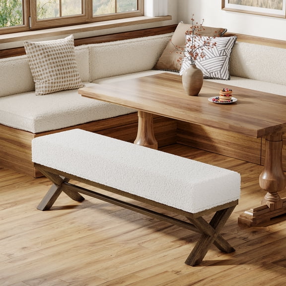 Tribesigns Solid Wood Dining Bench, 51.18-Inch Upholstered Dining Bench with Faux Shearling Padded Seat for Dinner Room, Living Room, White & Brown