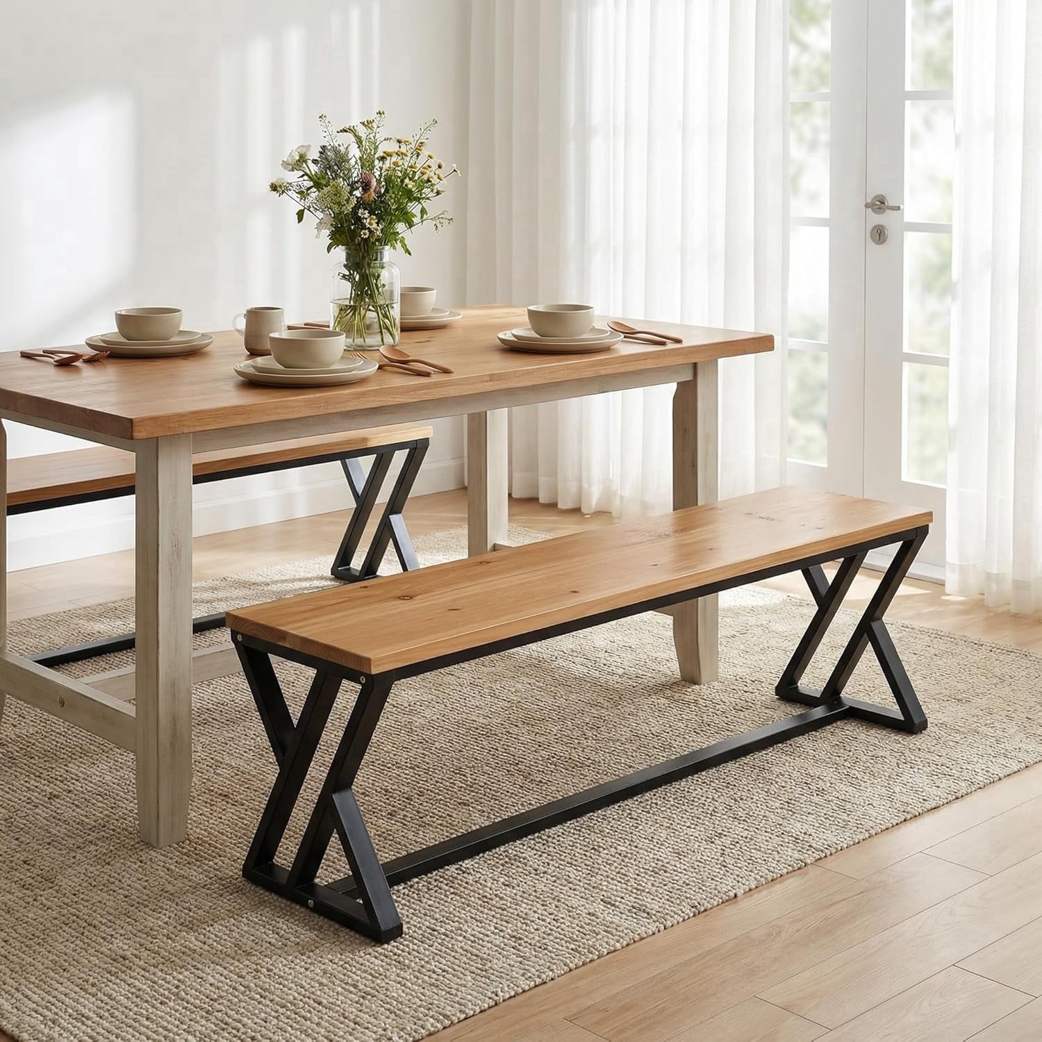 TRIBEWOOD Solid Wood Dining Bench, 55" Industrial Dining Table Bench ...