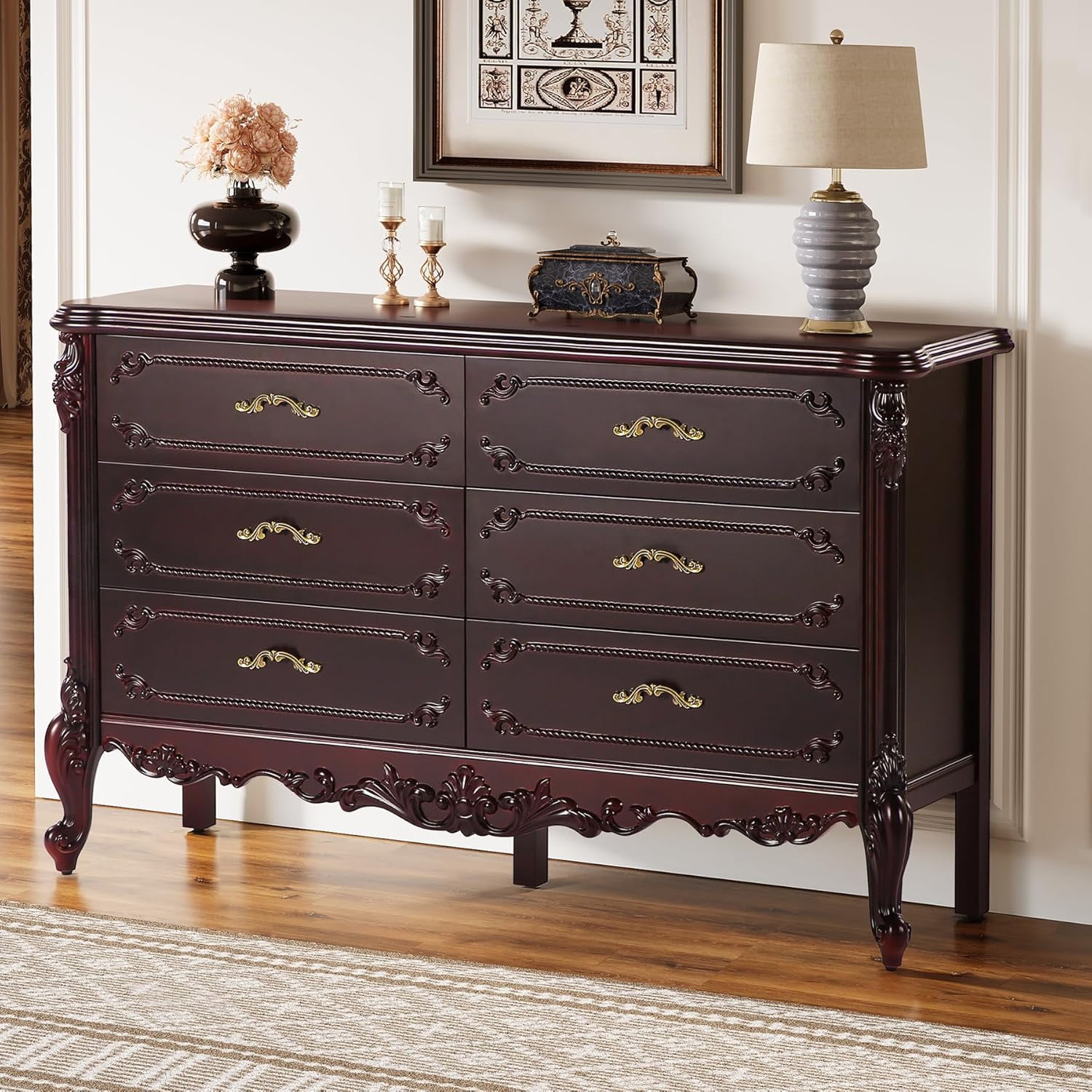 Tribesigns Solid Wood Dresser with 6 Drawers, 59" Wide Chest of Drawers ...