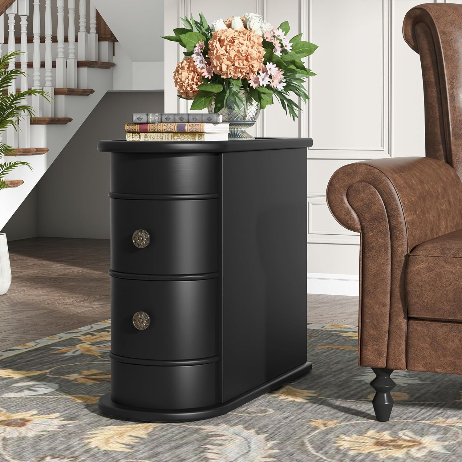 Tribesigns Wood End Table 2 Drawer Slim Side Table No Assembly Required Finished Back Black Walmart
