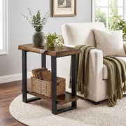 Tribesigns Solid Wood End Table, 2-Tier Pine Nightstand, Living Room, Bedroom, Black & Dark Brown