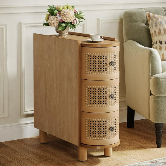 Tribesigns Solid Wood End Table, 3-Drawer Rattan Side Table, Night Stand with 3 Rattan Drawers