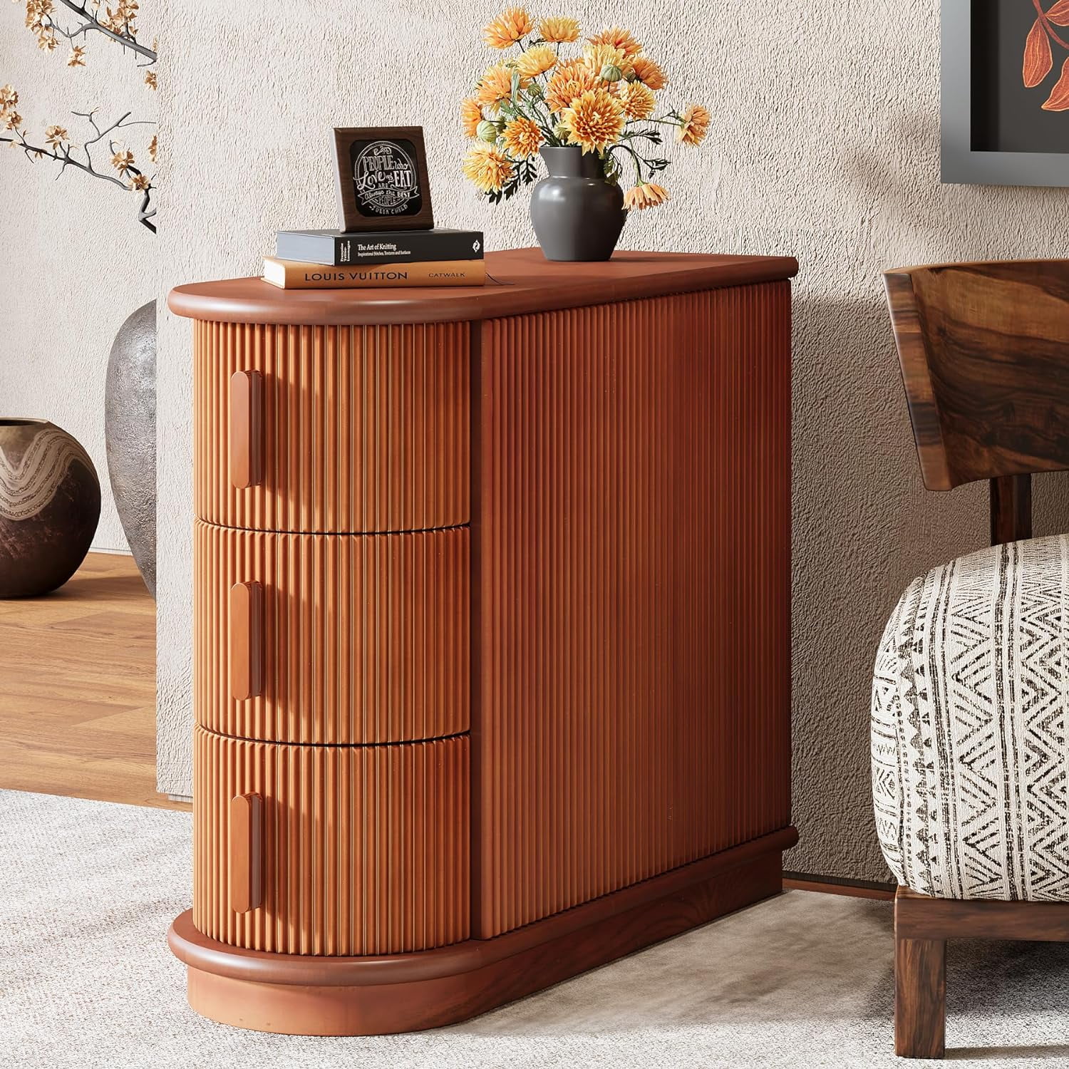 Walnut 3-Drawer Solid Wood Slim End Table
