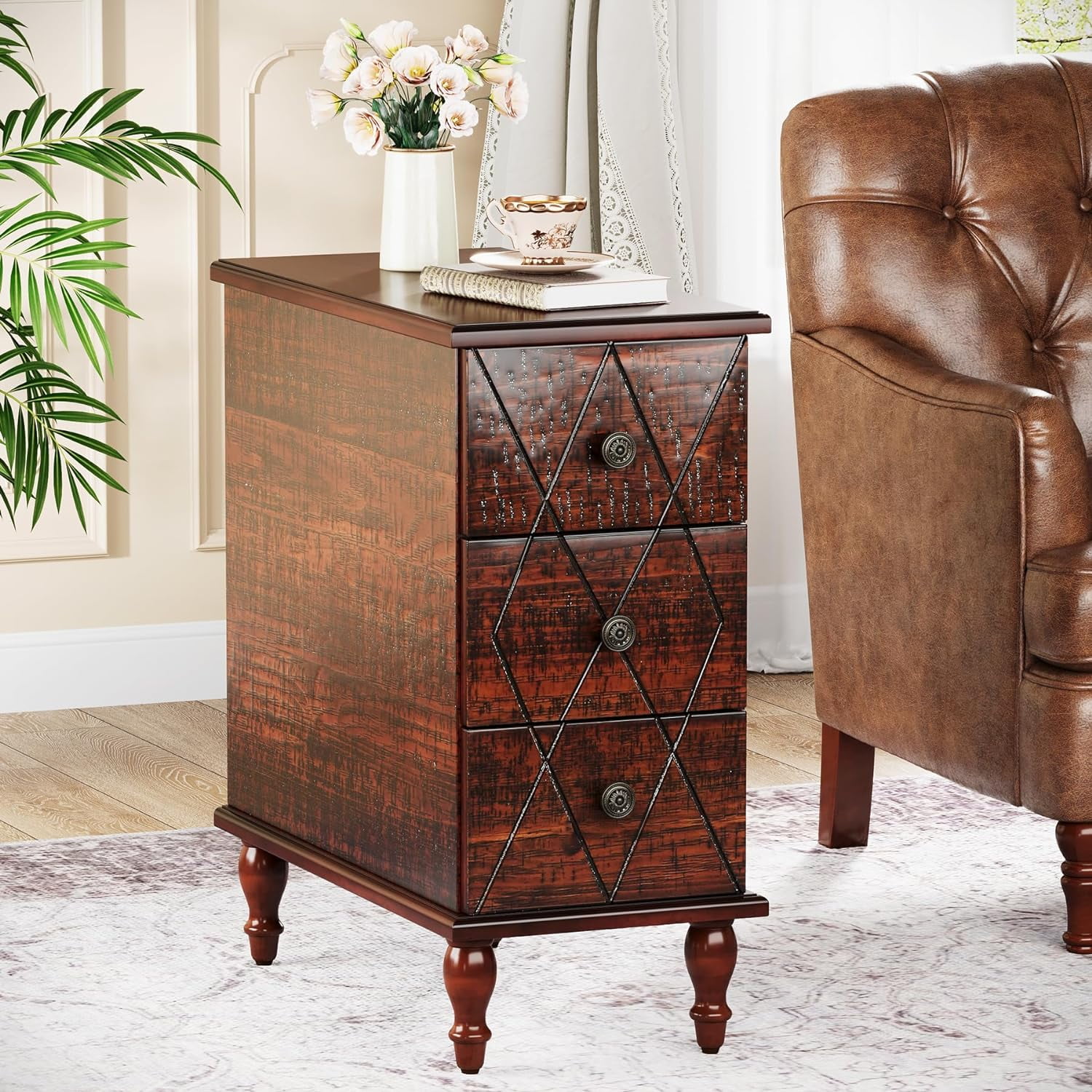 Tribesigns Solid Wood End Table with 3 Drawers, Vintage Sofa Side Table ...
