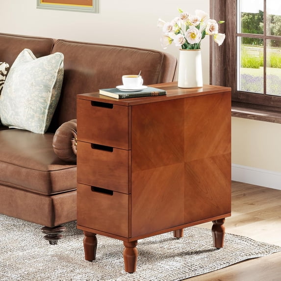 Tribesigns Solid Wood End Table, Fully Assembled Narrow Side Table with 3 Deep Drawers, Slim Nightstand Bedside Tables for Living Room, Bedroom, Small Spaces,No Assembly Required, Brown