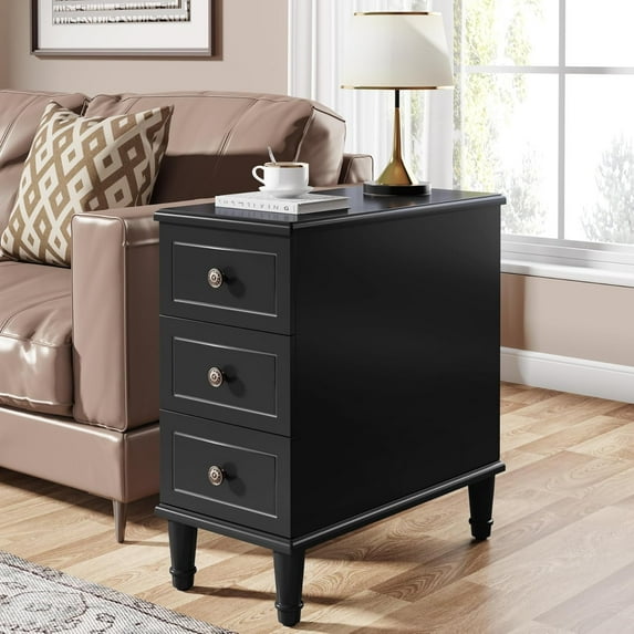 Tribesigns Solid Wood End Table, Fully Assembled Narrow Side Table with Drawers, Pre-Assembled Nightstand Slim Bedside Table for Small Spaces, Living Room, Bedroom