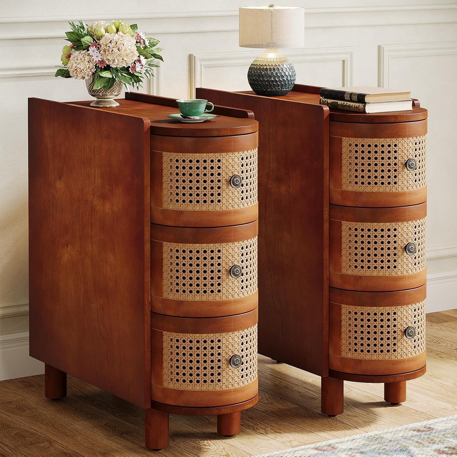 Tribesigns Solid Wood End Table Set of 2, 3-Drawer Rattan Side Table with 3 Rattan Drawers and Embossed Handles for Living Room, No Assembly Required (Walnut & Oak, 1PC)