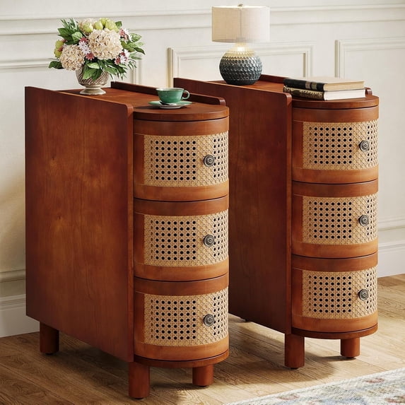 Tribesigns Solid Wood End Table Set of 2, 3-Drawer Rattan Side Table with 3 Rattan Drawers and Embossed Handles for Living Room, No Assembly Required (Walnut & Oak, 1PC)