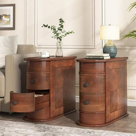 Finmind Solid Wood End Table Set of 2, 2-Drawer, Fully Assembled, Walnut