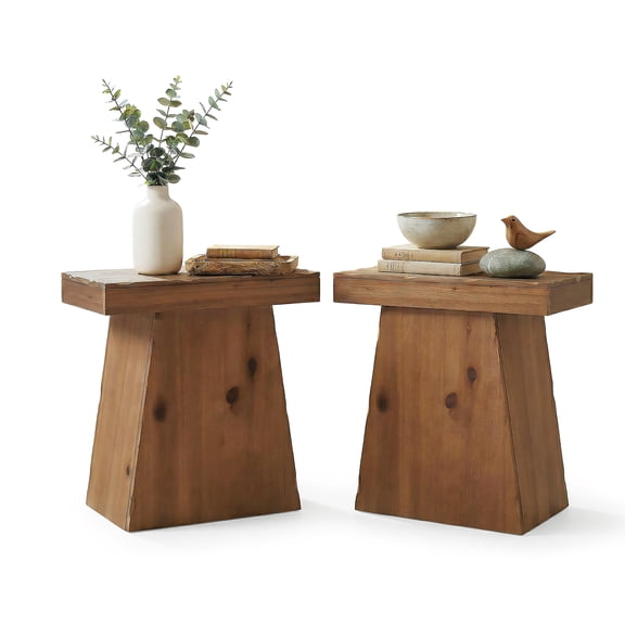 Tribesigns Solid Wood End Table Set of 2, 23.6-Inch Side Table with Trapezoid Base for Living Room, Warm Walnut Brown