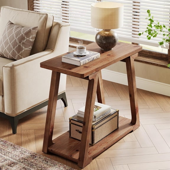 Tribesigns Solid Wood End Table for Living Room, Narrow Side Table with 2-Tier Storages for Bedroom, Entryway, Easy Assembly, Trapezoidal Base