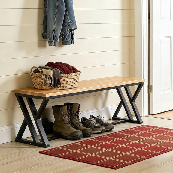TRIBEWOOD Solid Wood Entryway Bench, 55" Long End of Bed Bench with Metal Legs, Rustic Industrial Indoor Dining Seat for Hallway, Foyer, Bedroom, Living Room, Dining Room