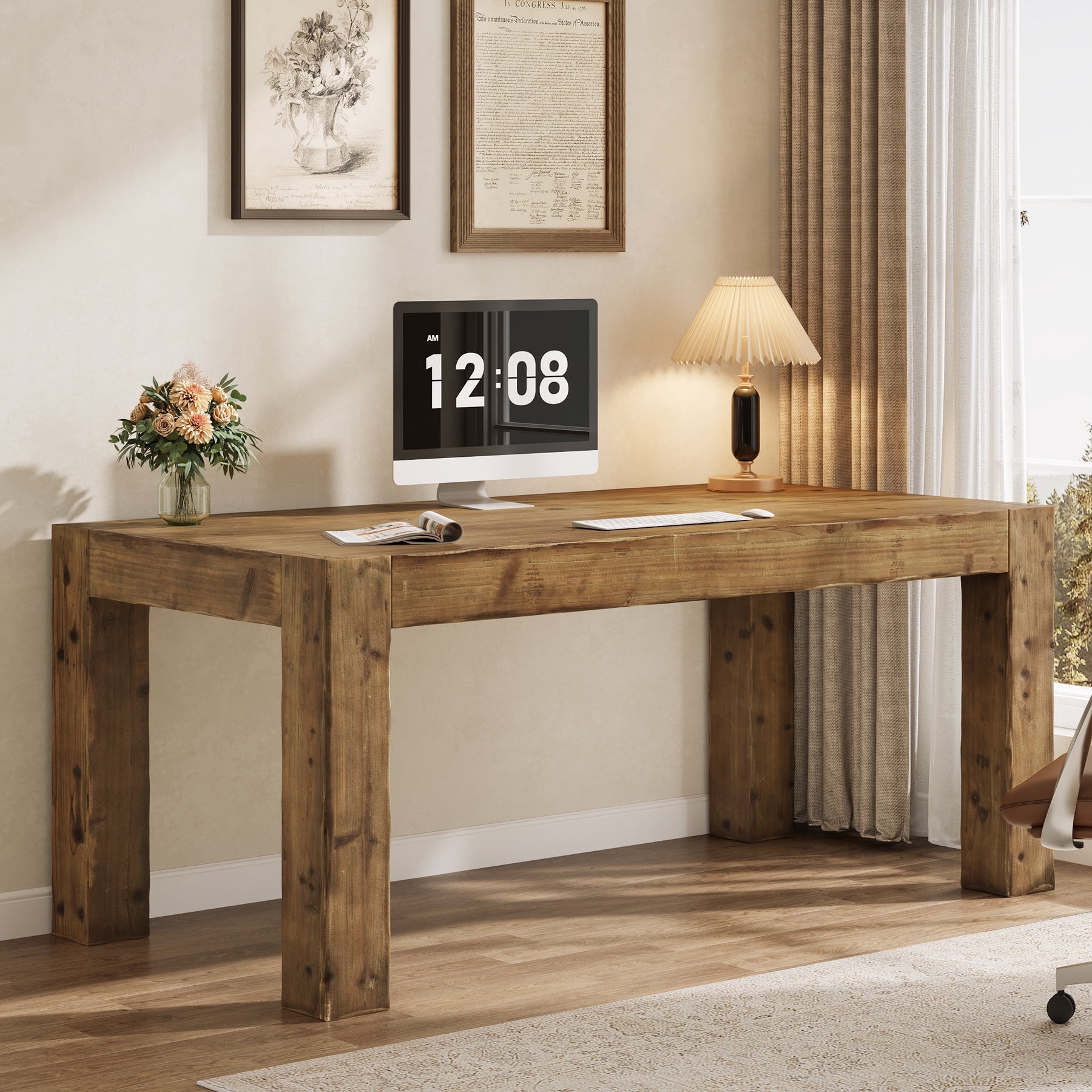 Tribesigns Solid Wood Executive Desk, 63-Inch Real Wooden Home Office Computer Desk, Farmhouse Writing Study Table Business Workstation for Home Office, Brown
