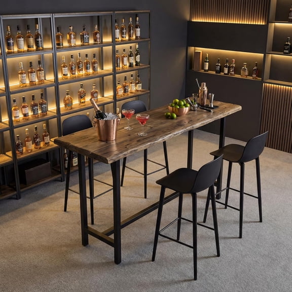 Tribesigns Solid Wood Long Bar Table with Metal Footrest - 63-Inch Long Counter Height Table for Home, Seats up to 6, Brown + Black