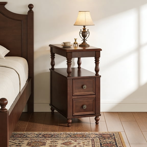 Tribesigns Solid Wood Nightstand with 2 Drawers & Open Shelf, Mid-Century Modern Style