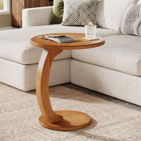 Finmind Solid Wood Round End Table, Mid-Century C-Shaped Side Table for Living Room, Brown