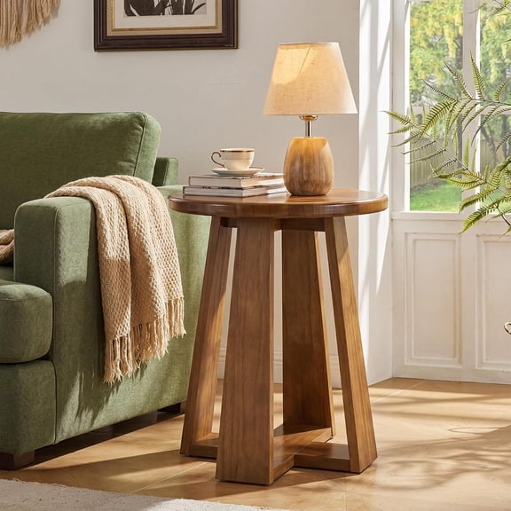 Tribesigns Solid Wood Round End Table, Mid-Century Modern Side Table, Farmhouse Style Accent Side Table for Couch Living Room