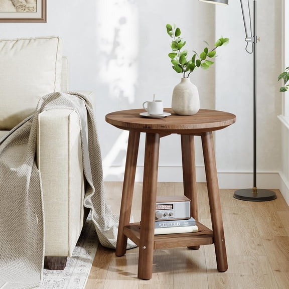 Tribesigns Solid Wood Round Side Table, 2-Tier Small End Table with Storage Shelf, Farmhouse Nightstand for Small Spaces, Living Room, Bedroom