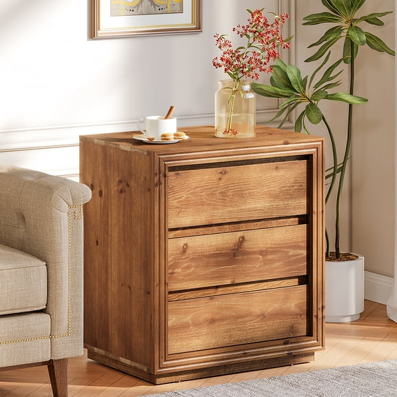Tribesigns Solid Wood Side Table, End Table with 3 Drawers, Wooden Nightstand with Solid Base, Accent Furniture Bedside Storage for Living Room and Bedroom, (1, Brown)