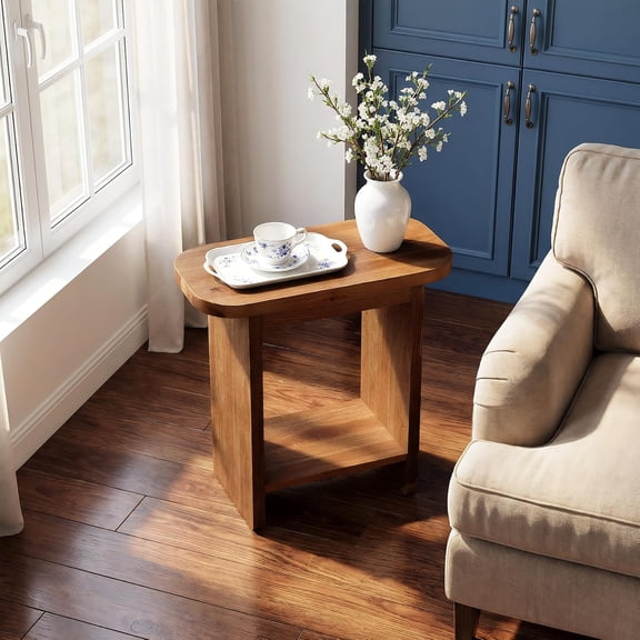 Tribesigns Solid Wood Side Table Set of 2, H-Shaped 2-Tier End Table with Shelf, Farmhouse Narrow Nightstand for Living Room, Bedroom & Couch, Easy Assembly, Natural Brown