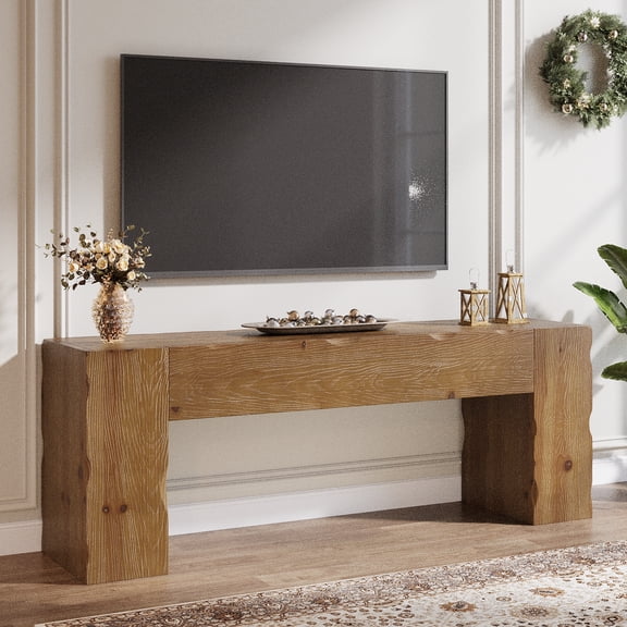 Tribesigns Solid Wood TV Stand for 65 Inches TV, Rustic Media Console with Hand Carved Wave Texture for Living Room