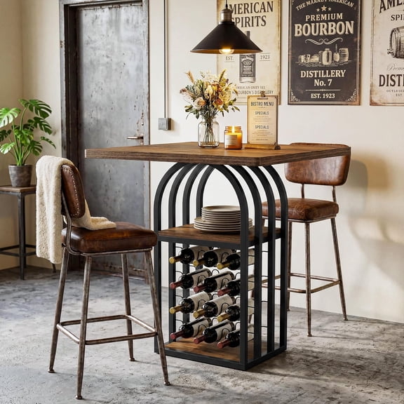 Tribesigns Square Bar Table, 4-Tier Wine Rack Storage and Shelves, Living Room, Small Space, Brown & Black