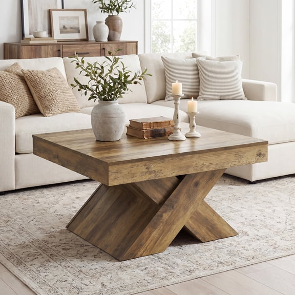 Tribesigns Square Coffee Table 31.5 Inch, Farmhouse Wood Coffee Table with X-Base for Living Room, Rustic Accent Center Table for Small Spaces, Brown