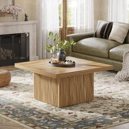 Finmind Square Coffee Table, 31.5-Inch Mid-Century Fluted Table, Large Cocktail Table for Living Room, Easy Assembly - Oak
