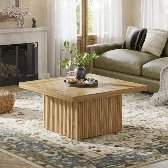 Finmind Square Coffee Table, 31.5-Inch Mid-Century Fluted Table, Large Cocktail Table for Living Room, Easy Assembly - Oak