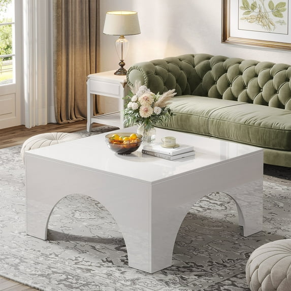 Tribesigns Square Coffee Table, 35.43-Inch High Gloss Coffee Table with Sturdy Arched Structure, Modern Coffee Table Center Table, Wood Coffee Table for Living Room, White