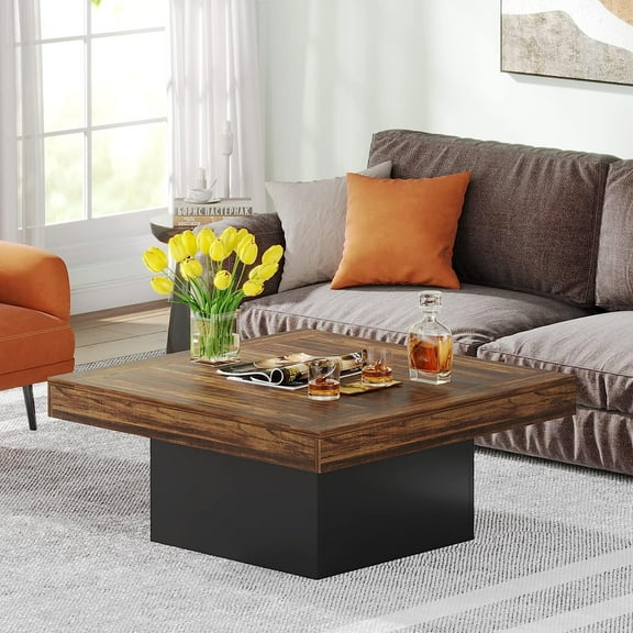 Tribesigns Square Coffee Table with LED Lights, 35-Inch Living Room Tables for Living Room, Wooden Center Table Cocktail Table for Home (Rustic Brown & Black)