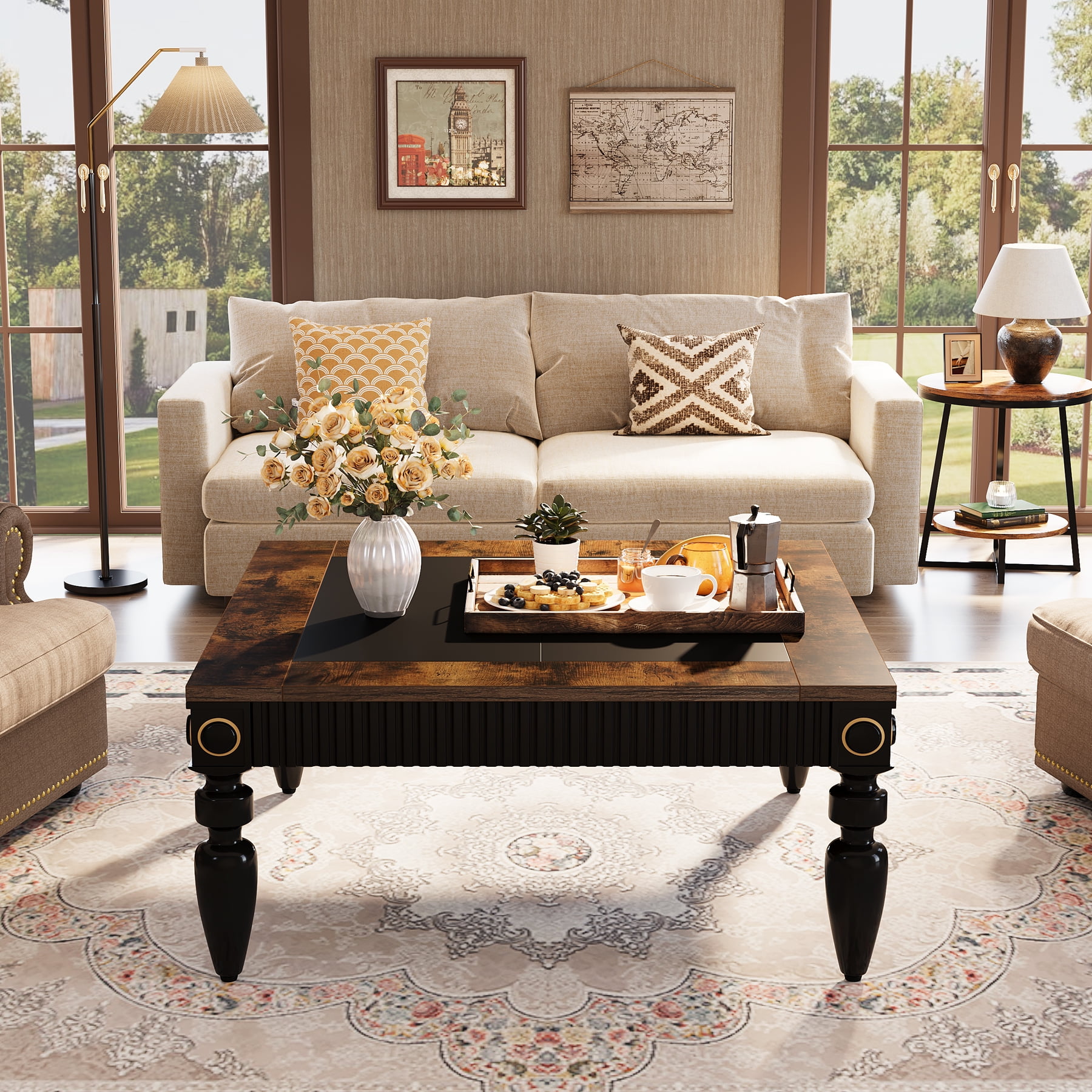 Tribesigns Square Coffee Table, 43 inch Rustic Wood Living Room Table