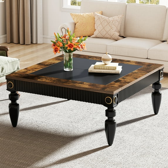 Tribesigns Square Coffee Table, Rustic Coffee Table Wood Coffee Table for Living Room Low Table with Storage, Brown & Black