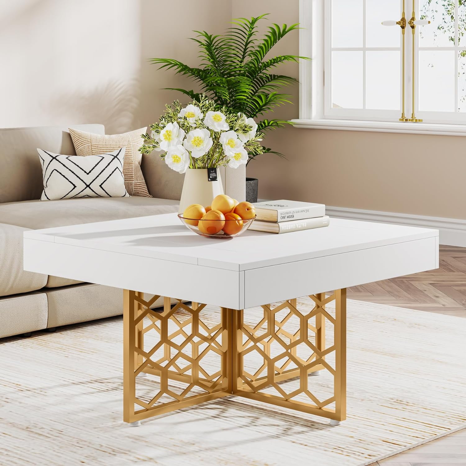 Tribesigns Square Coffee Table, White & Gold Coffee Table with Gold