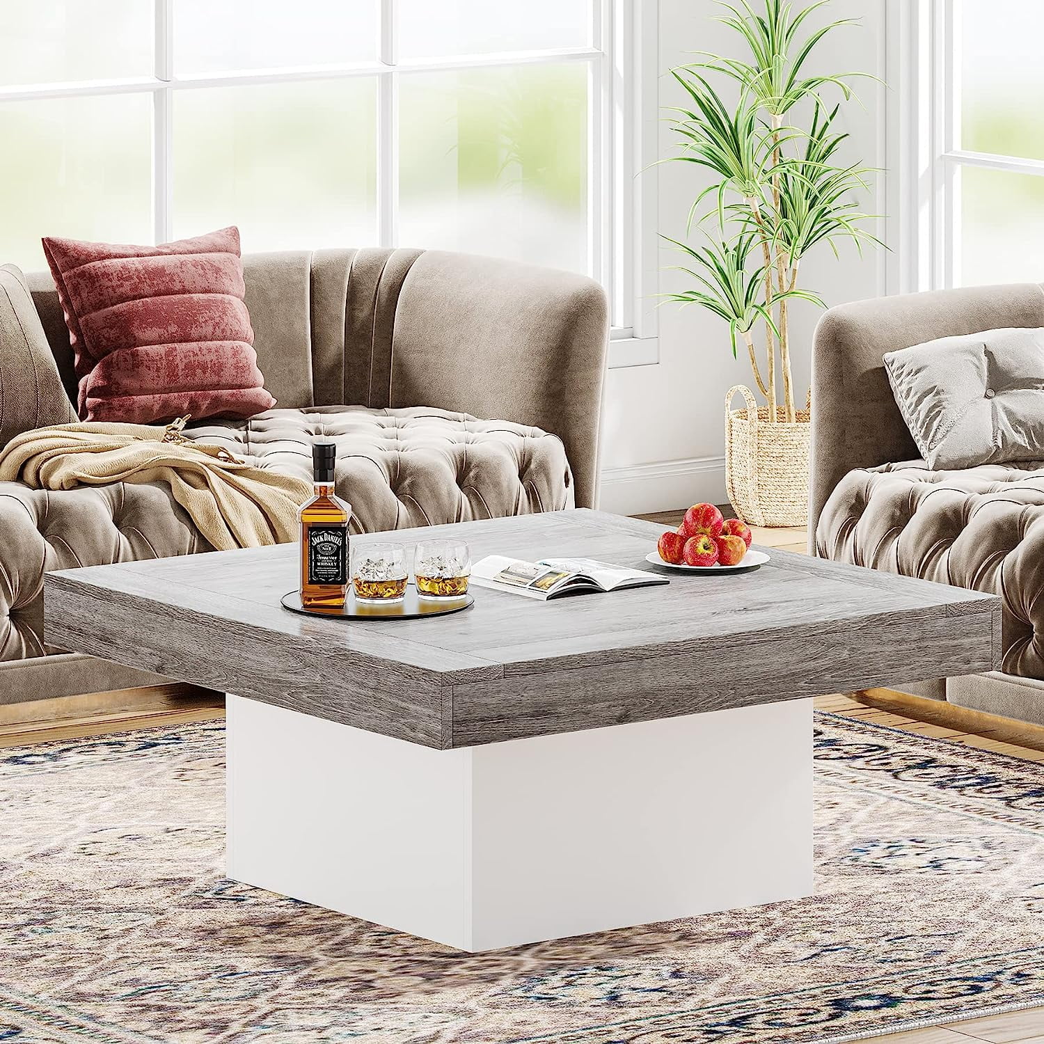 Tribesigns Square LED Coffee Table Grey and White Coffee Table