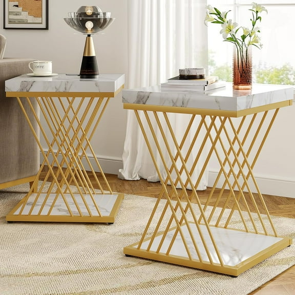 Tribesigns Square Side Table Set of 2, White Gold End Table 2-Tier End Table Modern Bedside Table with Storage for Couch, Living Room