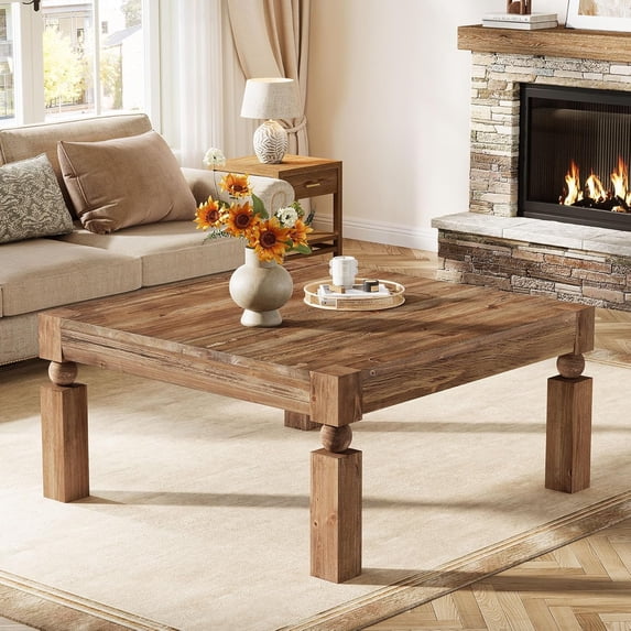 Tribesigns Square Wood Coffee Table, 39-Inch Farmhouse Coffee Table, Rustic Center Table for Living Room, Easy Assembly, Brown