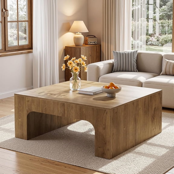 Tribesigns Square Wooden Coffee Table, 39" Large Coffee Table for Living Room, Farmhouse Center Cocktail Table with Underside Curves Design, Easy Assembly