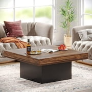 Finmind Squeare Coffee Table Modern LED Coffee Table Wood Coffee Table for Living Room Rustic Brown & Black Low Coffee Table