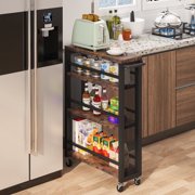 Fnova Storage Cart 4 Tier Slim Rolling Cart, Narrow Wooden Kitchen Carts with Handle & Wheels, Rustic Brown