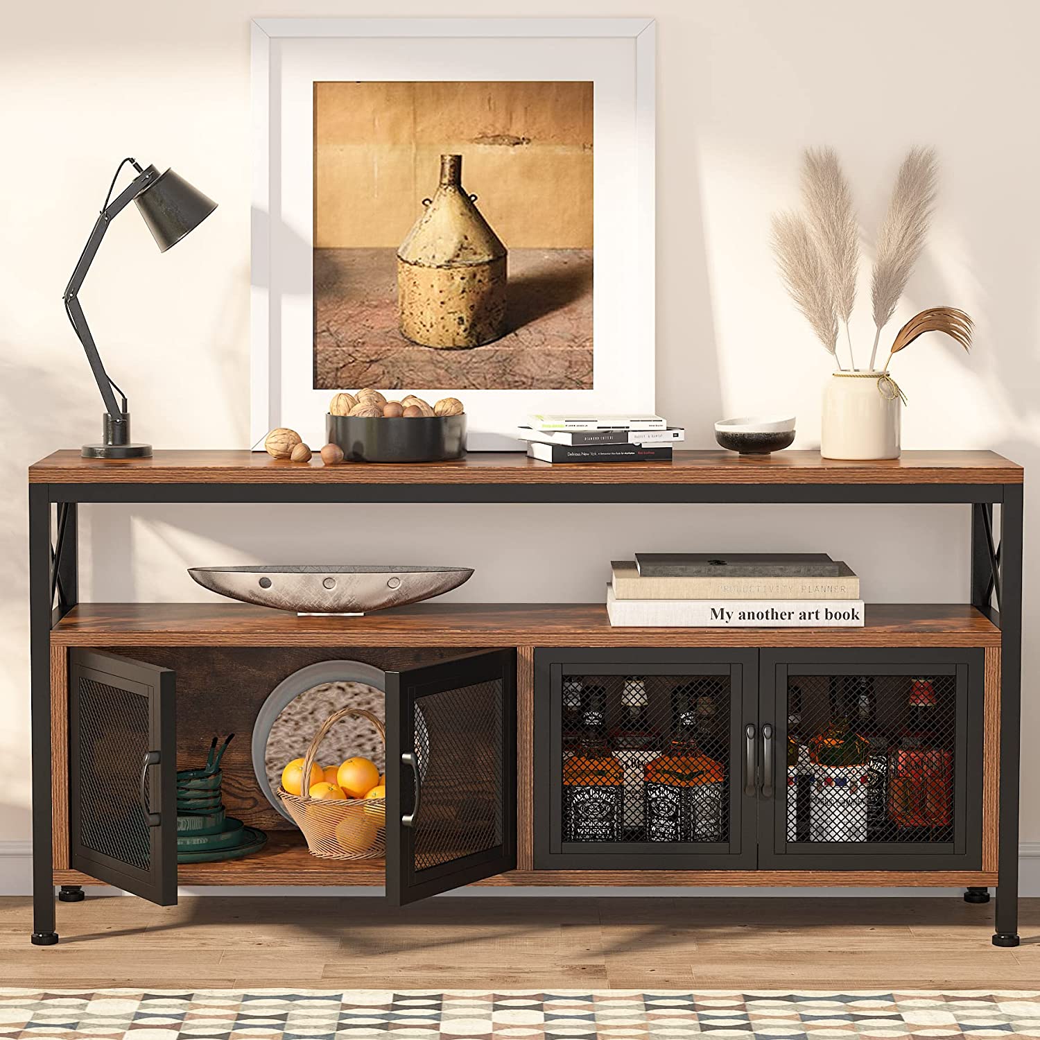 Farmhouse TV Stand For 65-Inch TV - Rustic Oak, Barn Doors, Storage Shelves & 300 Lbs Load