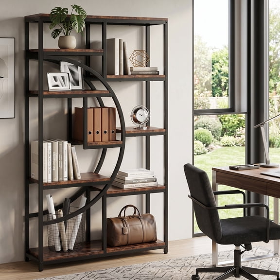 Fnova Tall Bookshelf, 9-Open Display Storage Shelf, Industrial Etagere Bookcase for Living Room, Home Office, Rustic Brown