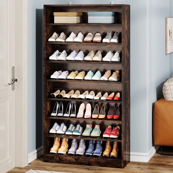Fnova Tall Shoe Storage Cabinet, Wood Freestanding 9-Tier 40-45 Pairs Shoe Rack Organizer with Open Shelves for Entryway, Rustic Brown